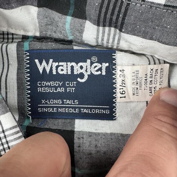 VTG Wrangler Shirt Men Large White Black Turquoise Plaid Pearl Snap USA Made 90s - Picture 4 of 8
